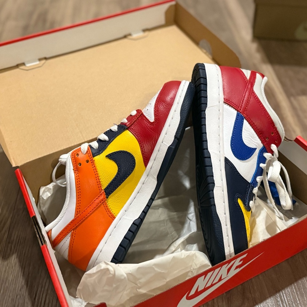 Nike Dunk Low Red, Orange, Yellow, and Blue Sneakers